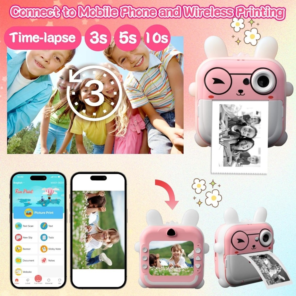 กล ้ องเด ็ กพิมพ ์ ทันทีกล ้ องดิจิตอล 1080P ปริ้นได้ทันที ความจำ Micro SD Card  ของขวัญสําหรับเด็กชายและเด็กหญิง