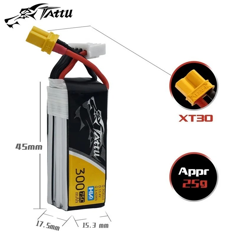 แบตเตอรี่ Tattu 11.4V 300mAh 75C 3S Lipo Battery หัวต่อ XT30 สำหรับ โดรน FPV Racing, Freestyle Cinewhoop