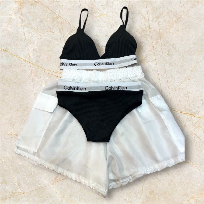 เซ็ท3ชิ้น ใส่ดล่นสงกรานต์ ชุดชั้นในขอบยาง+กางเกงขาสั้นสีขาวผ้าร่ม