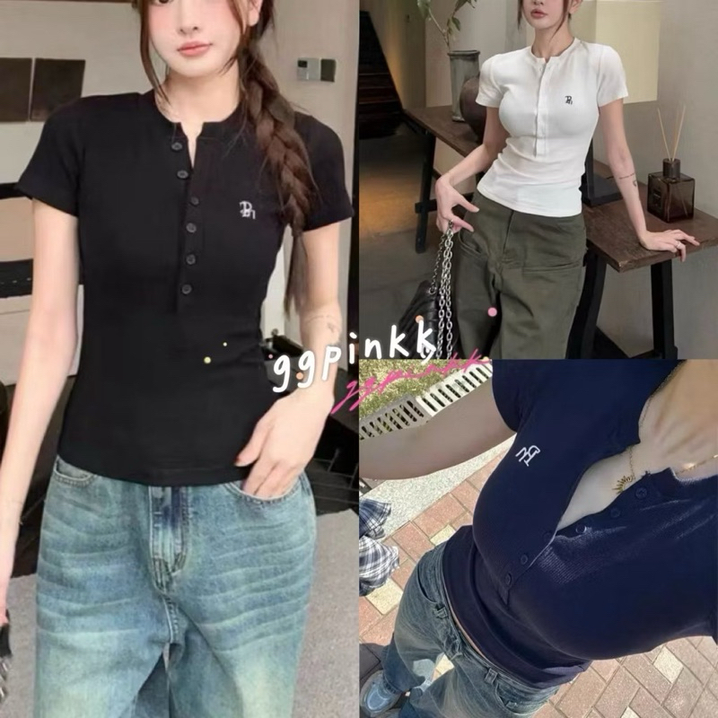 พร้อมส่ง💙เสื้อยืดกระดุม ปัก Pn เซกซี่ ผ้าใส่สบาย 3 สี