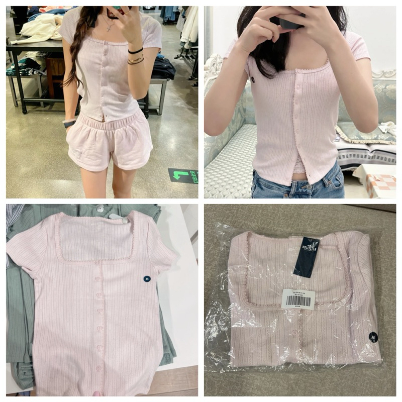 HOLLISTER💯แท้ใหม่✨SHORT-SLEEVE BUTTON-THROUGH POINTELLE TOP ไซร้S