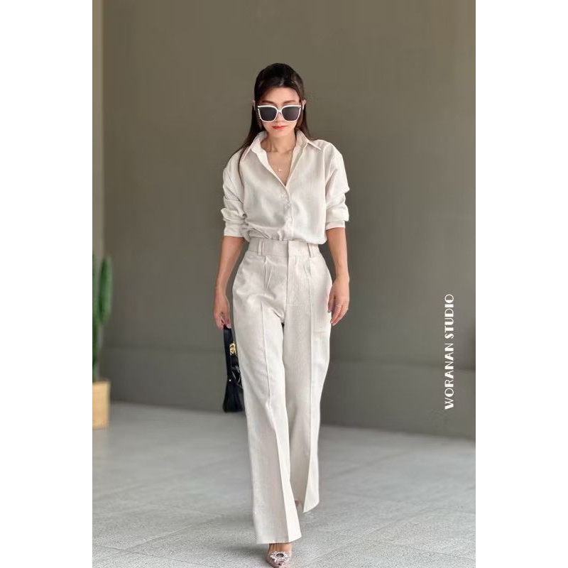 กางเกงผ้าลินินทรงขากระบอกกลางเอวสูงหูเข็มขัดคู่เก็บทรงเอวคอดสวยเป๊ะS-3XL - รูปที่ 5