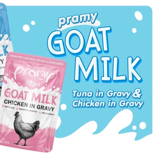 ( 12 ซอง )Pramy Goat Milk in Gravy อาหารเปียกแมวผสมนมแพะในน้ำเกรวี ไม่เติมเกลือ ขนาด 60 กรัม(12 ซอง)