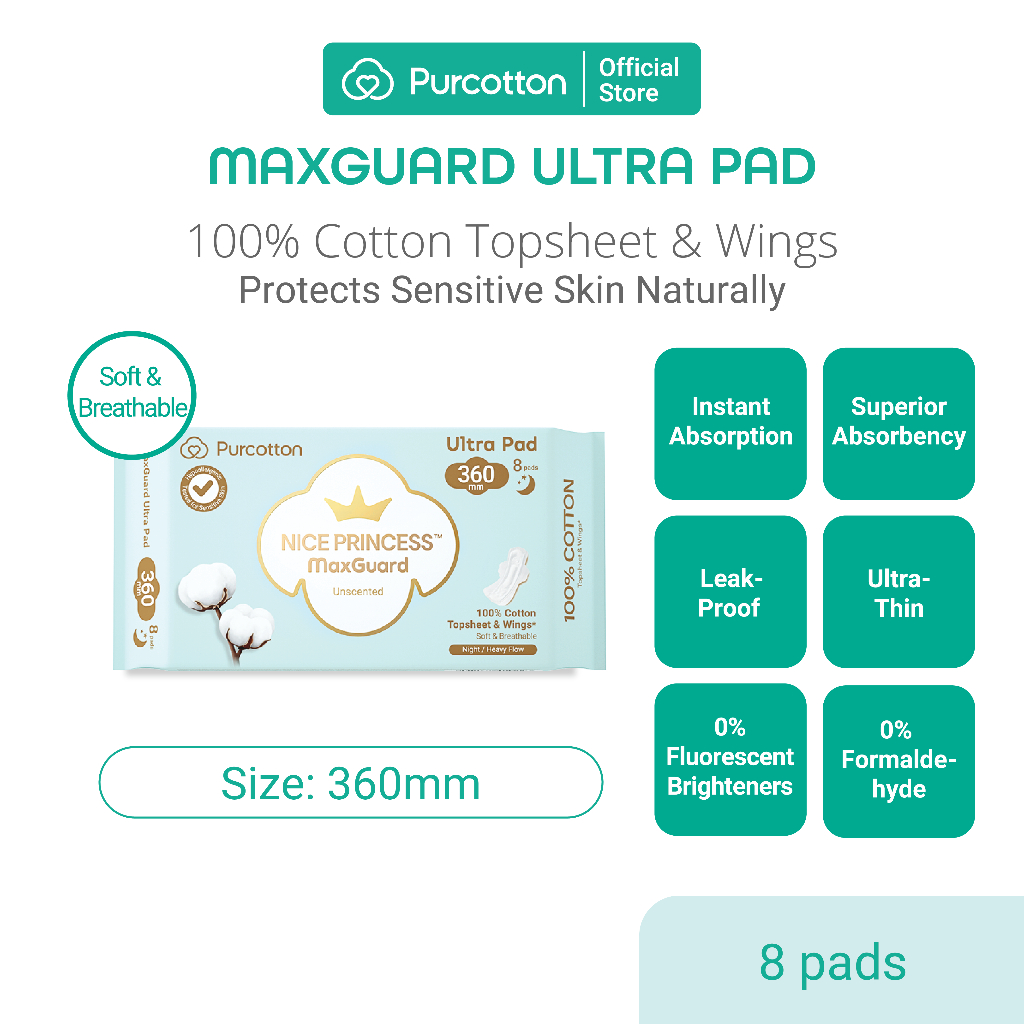 Purcotton Maxguard Ultra Pad 360mm. เพอคอตตอนแม็กซ์การ์ด อัลตร้า แพด ผ้าอนามัยแบบมีปีก 360มม. (8ชิ้น / สำหรับกลางคืน )