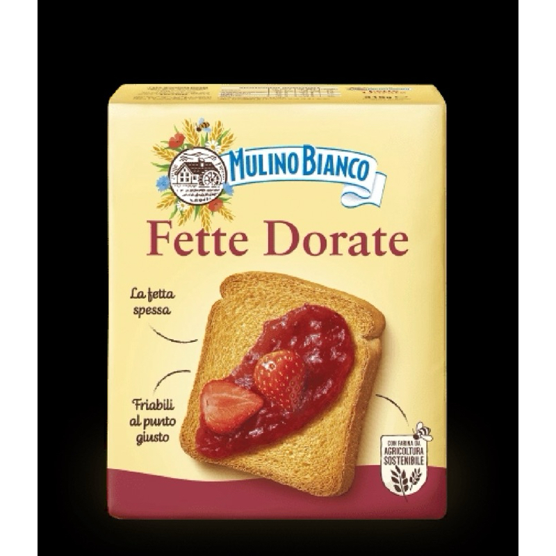 Mulino Bianco Fette Dorate 315g. Barilla เฟตเต้ โดราเต้ ขนมปังอบกรอบแบบแผ่น ตรา บาริลล่า มูลิโน เบียนโค