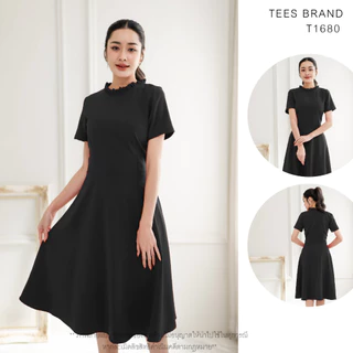TEESBRAND ชุดทำงานคอระบายชีฟอง ทรงบาน คอกลม แขนสั้น เดรสดำ ชุดดำงานศพ ชุดสุภาพ ใส่งานพิธี สินค้าพร้อมส่ง