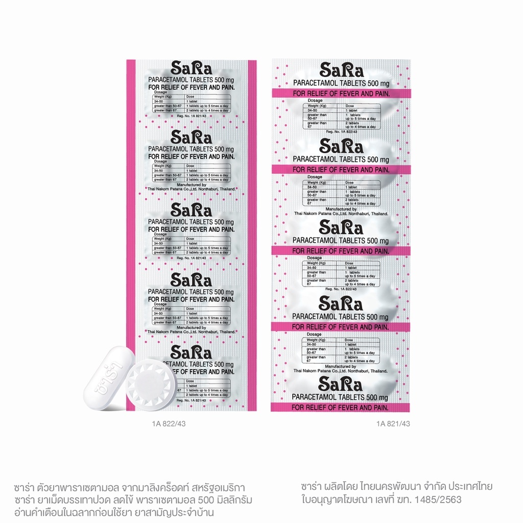 ยกกล่อง!! SARA Paracetamol 500MG. ซาร่า พาราเซตามอล เม็ดรี  500 มก. (1 กล่อง = 20 แผง)
