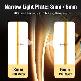 ไฟเส้น LED ไฟเส้นสายยาวรุ่นที่แคบ กว้าง3MM 5MM ความหนาแน่นสูง COB ยืดหยุ่น DC 12V 24V เปลี่ยนฟรี แถบแสงที่สัมผัสได