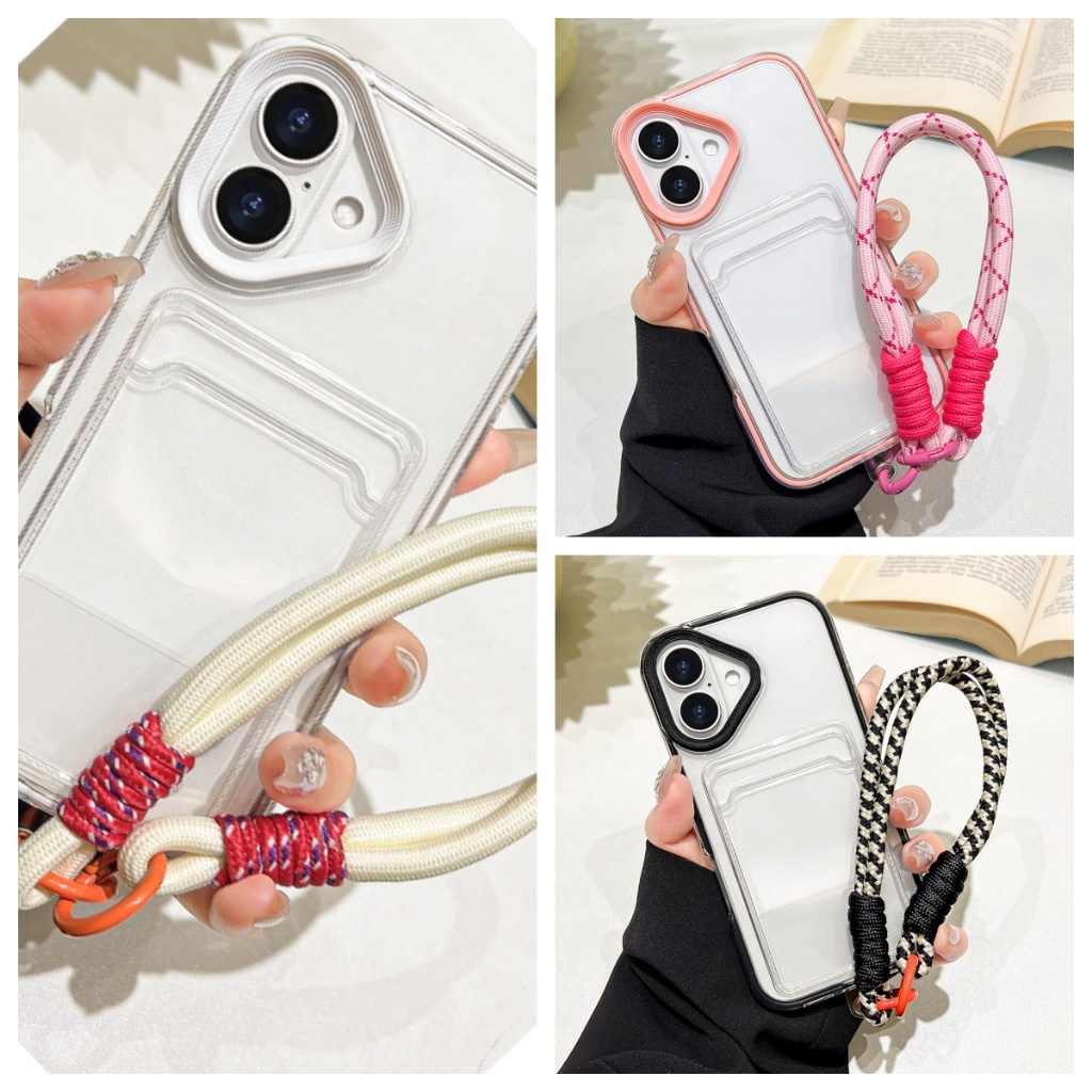 เคสโทรศัพท์ For iPhone 11 13 16 Pro Max iPhone 14 15 Pro Max 12 13 Pro Max 7 8 Plus XR XS Max ที่ใส่บัตร+สร้อยข้อมือ