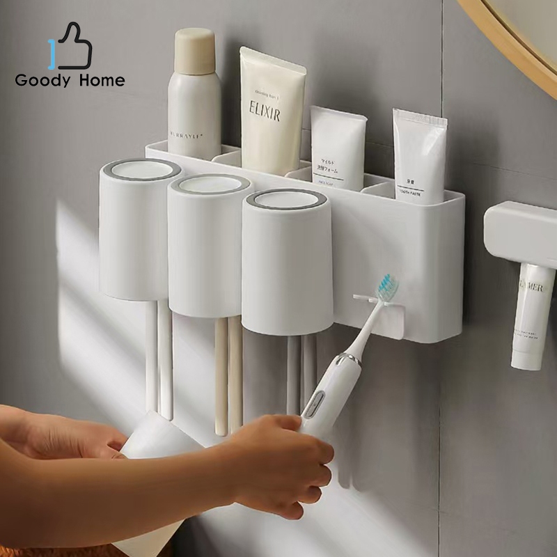 Goody Home ชุดเก็บถ้วย  แขวนแปรงสีฟันและที่วางของด้านหลังชั้นวาง   ติดผนังแบบไม่ต้องเจาะ