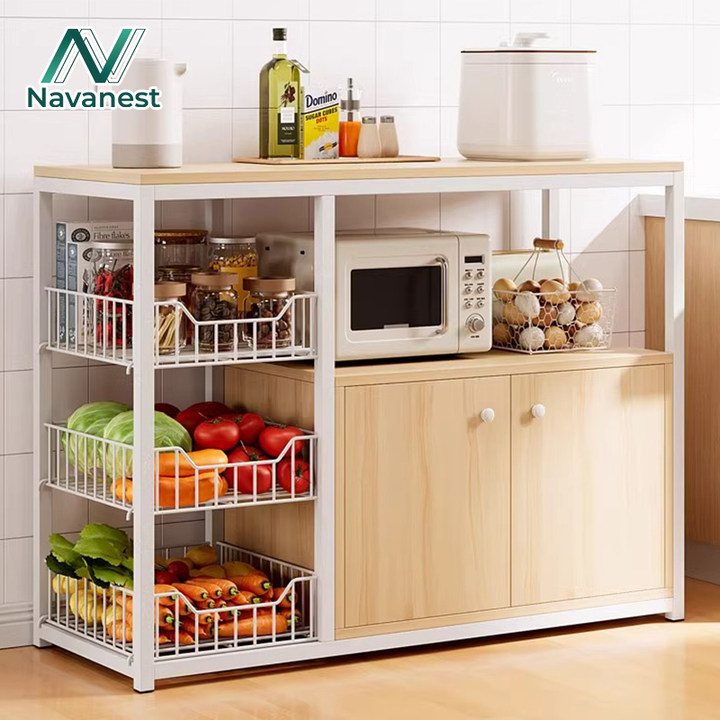 Navanest 120cm เคาเตอร์ครัว ชั้นวางของในห้องครัว ชนิดไม้+โครงเหล็ก ชั้นวางไมโครเวฟ ชั้นวางอเนกประสงค์ แข็งแรง ดูดีตา
