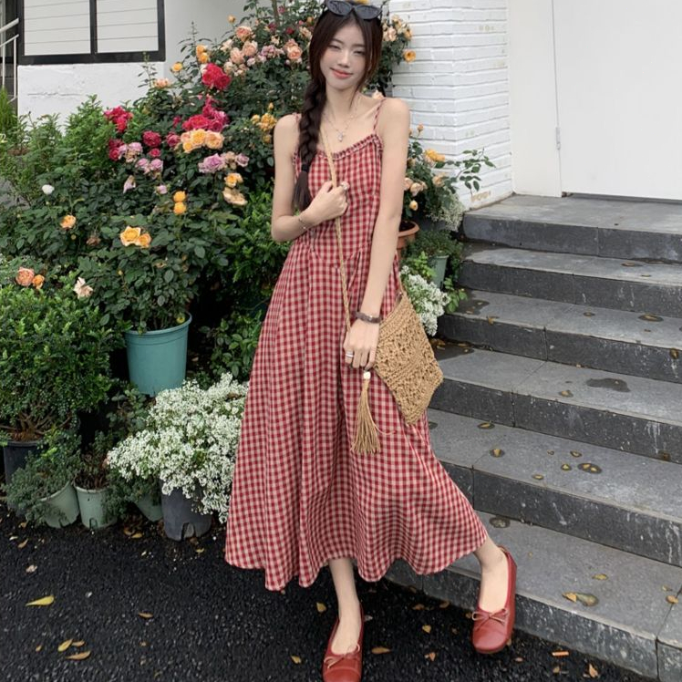 cherryshop พร้อมส่ง ชุดเดรสสายเดี่ยวลายสก็อตสีแดงแฟชั่นฤดูร้อนสำหรับผู้หญิง สไตล์เอไลน์ สไตล์ย้อนยุคฝรั่งเศส การลดอายุ - รูปที่ 5
