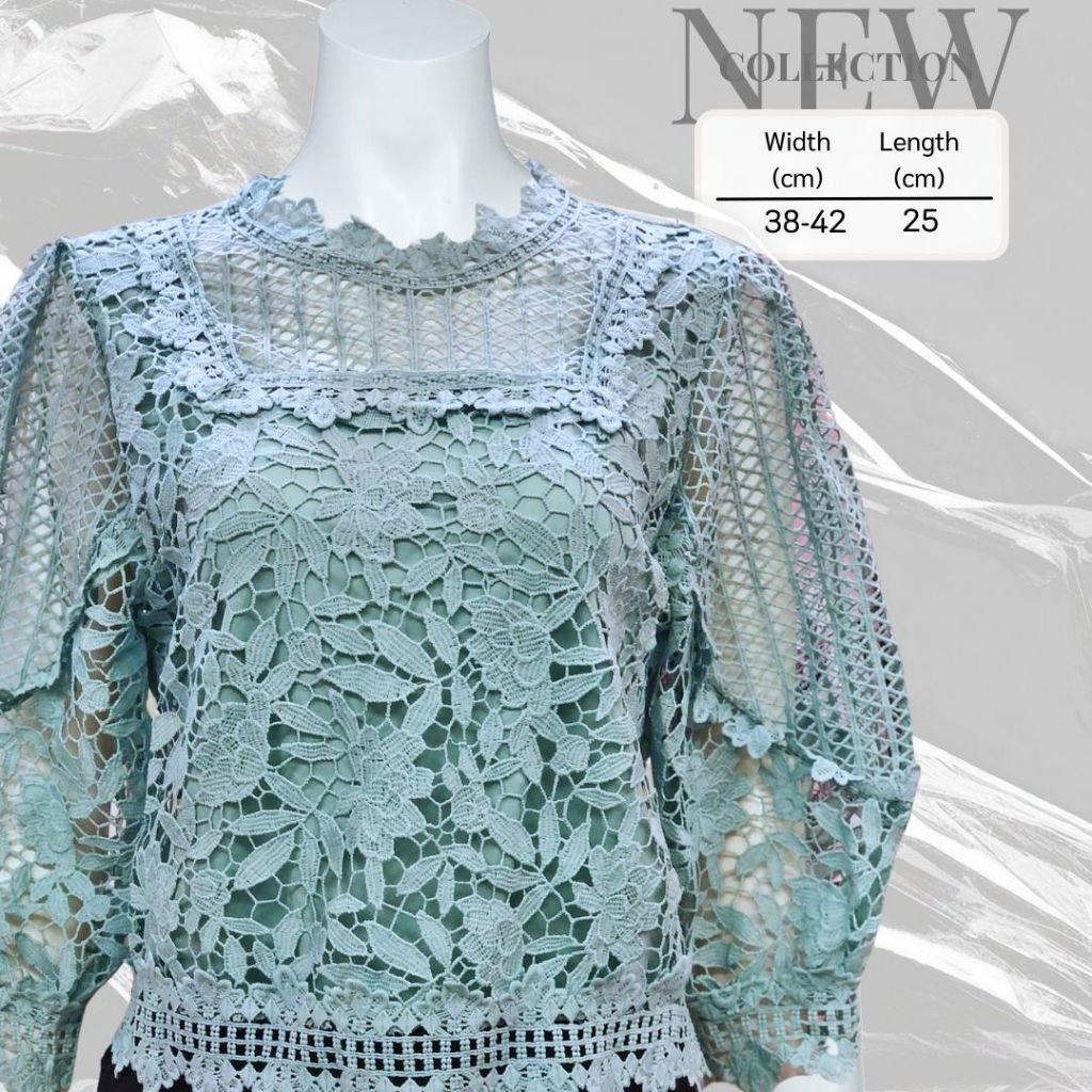 SL-11>> เสื้อลูกไม้ฉลุทั้งตัว แขน3 ส่วน ซีทรูลูกไม้ มีซับใน เสื้อฉลุลายดอกไม้ ผ้านิ่ม อก 38-42 นิ้ว สีเขียว ใส่ได้ทุกงาน