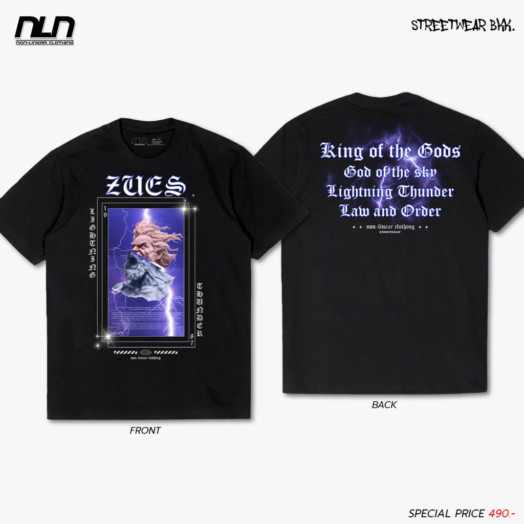[ส่งฟรี] Non-Linear Clothing - Zues สตรีทแฟชั่น ทรงโอเวอร์ไซส์ ลายเทพสายฟ้า ผ้าคอตตอน คอกลม แขนสั้น