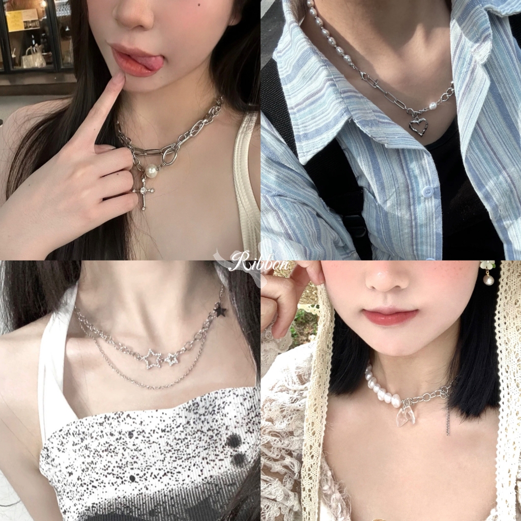 สร้อยคอโซ่ สร้อยคอy2k✨ จี้หัวใจ  คริสตัล💎 pearl necklace ขายส่ง🚚