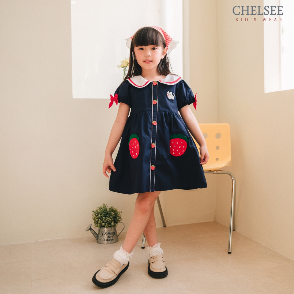 Chelsee ชุดเดรสกระโปรง ปกมน ลายสตรอว์เบอร์รี่ เรียบๆ ผ้า 100%Cotton เด็กผู้หญิง อายุ 1.5-10 ปี เสื้อผ้าเด็ก รุ่น 238132