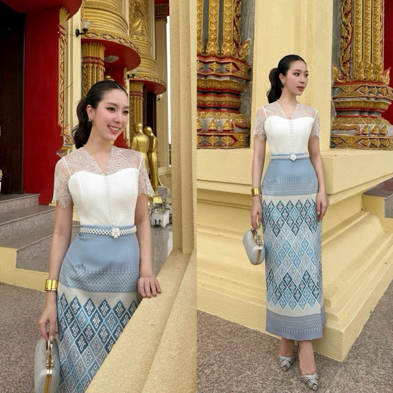 Set เสื้อลูกไม้ทรงแขนสั้น มาพร้อมผ้าถุงสำเร็จลายผ้าไทย