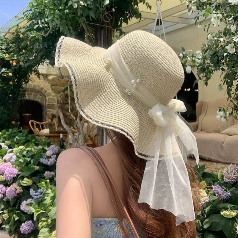 221หมวกปีกกว้างหมวกสาน  หมวกบัคเก็ตกันแดด โบว์ติดมุก  แฟชั่นสำหรับผู้หญิง - รูปที่ 3