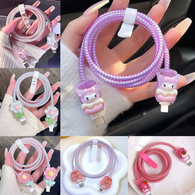 1set4pcs ตัวป้องกันสายชาร์จ ชุดฝาครอบป้องกันสายเคเบิลข้อมูลแบบนิ่มป้องกันการตกหล่นแบบขอบคลื่น คเบิลข้อมูลแบบนิ่มป้องกันก