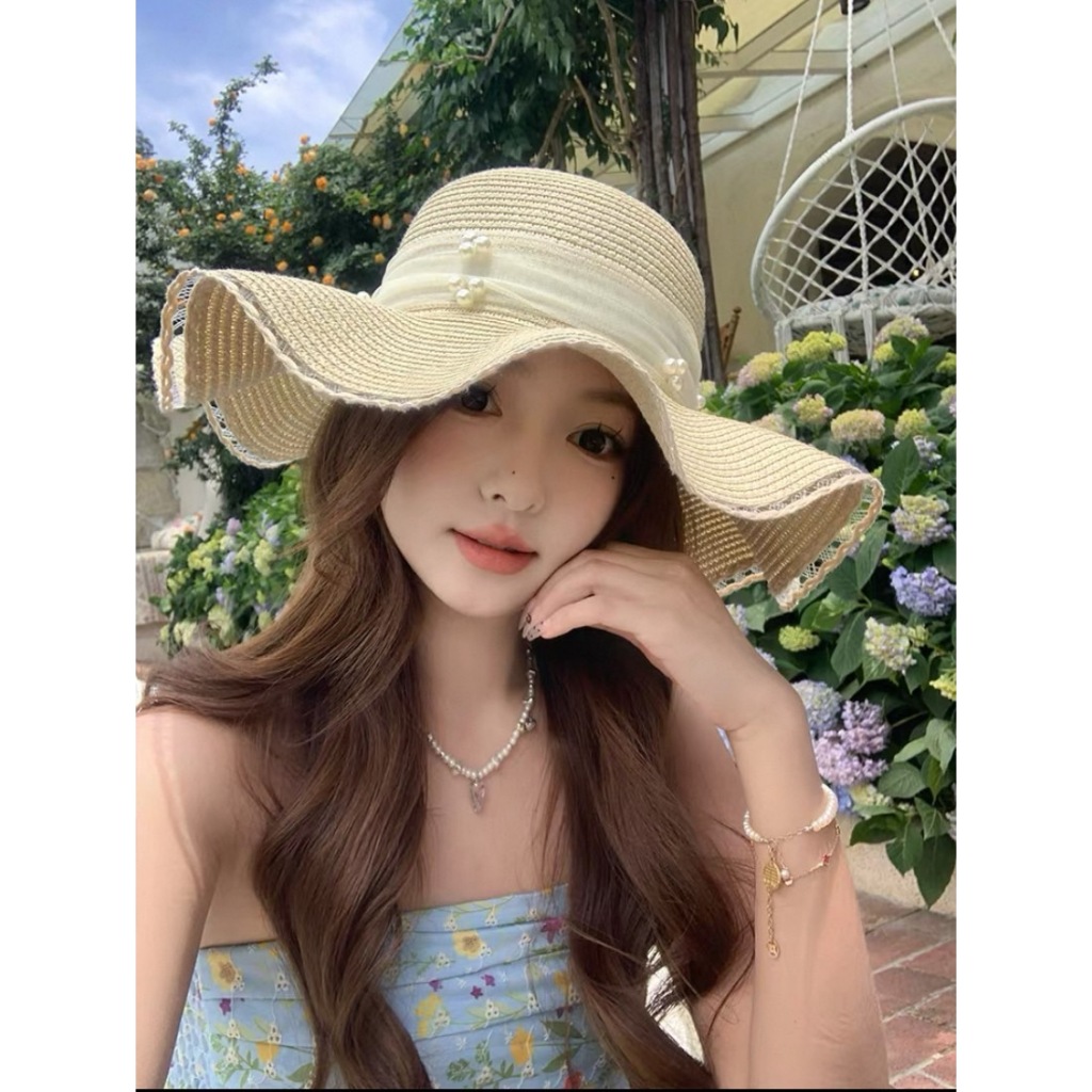 221หมวกปีกกว้างหมวกสาน  หมวกบัคเก็ตกันแดด โบว์ติดมุก  แฟชั่นสำหรับผู้หญิง