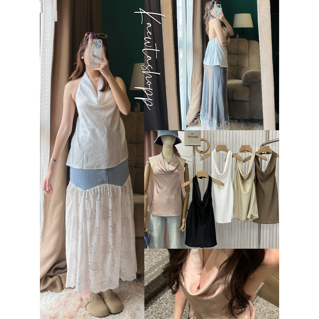 เสื้อคล้องคอ ผ้าซาติน เกรดเอ+ เสื้อคอถ่วง กระดุมคอ สม็อคหลัง อกฟรี ทรงเรียบหรู Matinee Maikaew Kaewt