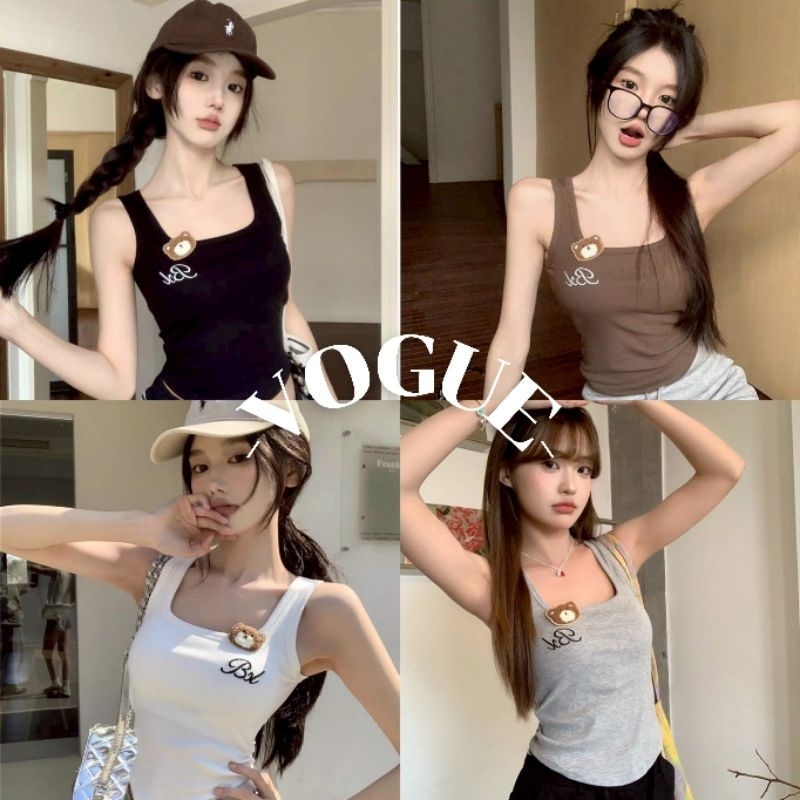 Vogue พร้อมส่ง เสื้อกล้าม มีฟองน้ำ ดีเทลติดหมี ยืดพอดีตัว (FY1832)