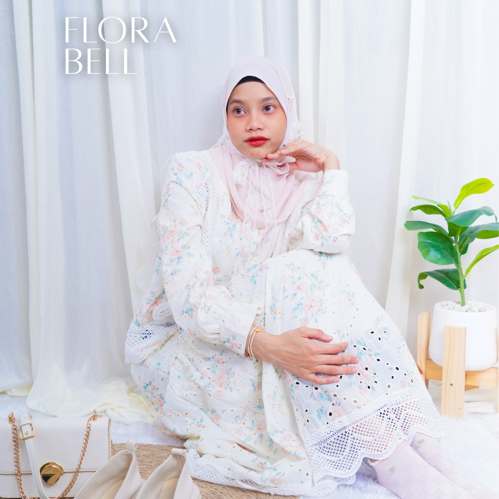 Flora Bell 1306 ชุดเซ็ตคอปกเสื้อและกระโปรงผ้าไหมญี่ปุ่นปักลายดอกไม้ ระบายปักลูกไม้ชายกระโปรง