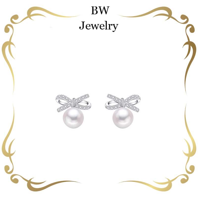 BWjewerly[ราคาต่อคู่] 925 เงิน ต่างหูสตั๊ดไข่มุกผีเสื้อ ต่างหูของผู้หญิงอินเทรนด์ใหม่