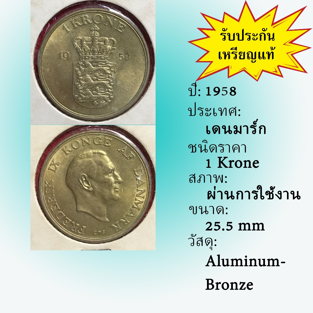 No.61858 ปี1958 Denmark เดนมาร์ก 1 Krone เหรียญต่างประเทศ ของเก่า หายาก น่าสะสม ราคาถูก