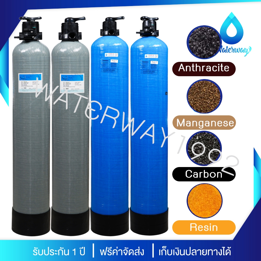 WATERWAY ถังกรองน้ำ 10×54 นิ้ว ถังไฟเบอร์กลาส ทนแรงดัน 150PSI พร้อม Manual Valve เกลียว 1 นิ้ว อุปกรณ์ครบชุด ไม่รวมสาร