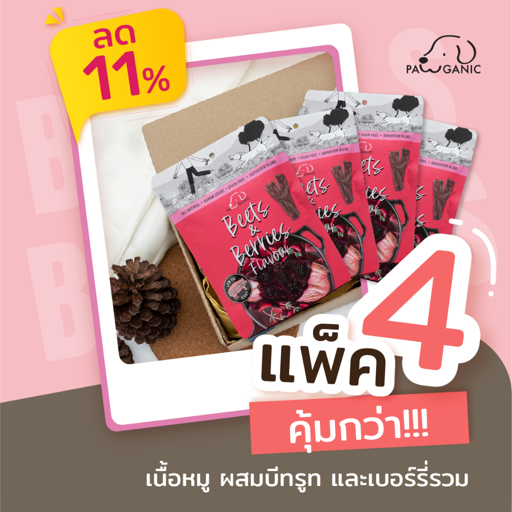 ขนมสุนัข PAWGANIC ลด 11% แพ็คคุ้มกว่า 4 ชิ้น [4 x 50 g] ขนมสุนัขรสเนื้อหมู ผสมบีทรูท และเบอร์รี่รวม