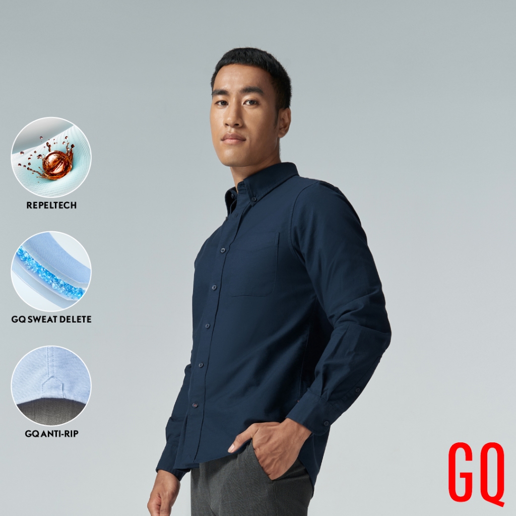 GQ Perfect Oxford™ Shirt​ เสื้อเชิ้ตบุรุษ จีคิว ออกฟอร์ดแขนยาว ​สีกรม
