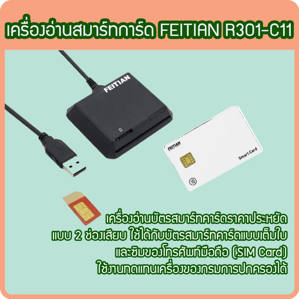เครื่องอ่านบัตรประชาชน และ SIM Card เครื่องอ่านสมาร์ทการ์ด FEITIAN R301-C11 (Smart Card Reader)