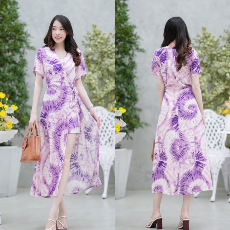 จั้มสูทลายมัดย้อมแขนสั้นสุดชิค ช่วงอกแต่งไขว้ซ้อน ผ่าแหวกด้านหน้า มีกางเกงขาสั้นด้านใน มีซิปซ่อนด้านหลัง - รูปที่ 2