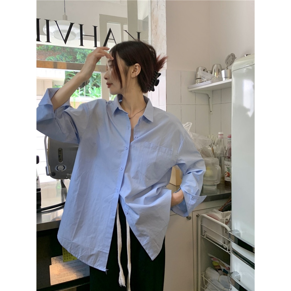 เสื้อเชิ้ตผู้หญิง เสื้อคลุมแขนยาว แต่งกระเป๋าหน้า สีพื้น ผ้าดี ทรงหลวม - รูปที่ 6