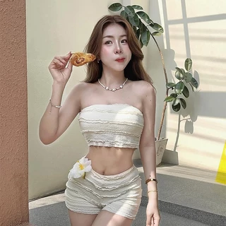 ส่งไวจากไทย ชุดว่ายน้ำแฟชั่น bikini ชุดบิกินี่ ทูพีช เกาะอก white มีฟองน้ำ beach#0801