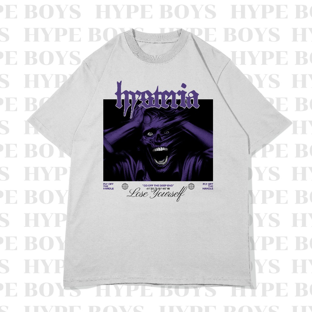 เสื้อยืดโอเวอร์ไซส์ Hysteria เสื้อยืดโอเวอร์ไซส์สีขาว/ดำ ผ้าคอตตอล สกรีนDFT/DTF