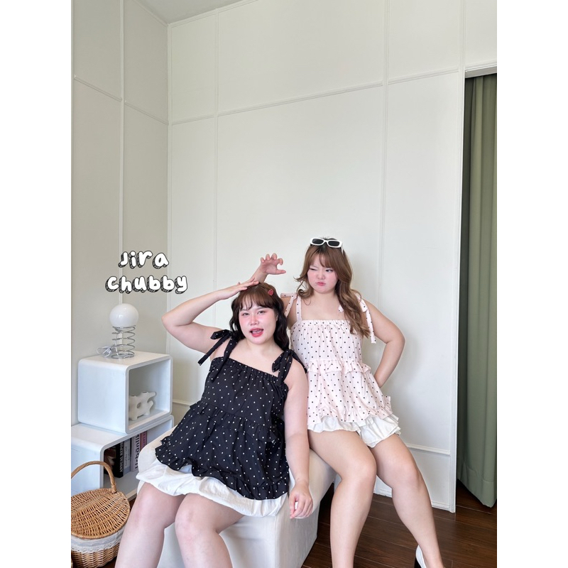 (ส่วนลดvideo/มีส่งด่วน!🔥) Yujin Top💖🎀🌷(JR) เสื้อสายเดี่ยวผูกโบว์ที่ไหล่ลายจุดน่ารัก สาวอวบไซส์ใหญ่ (อก-52) - รูปที่ 2