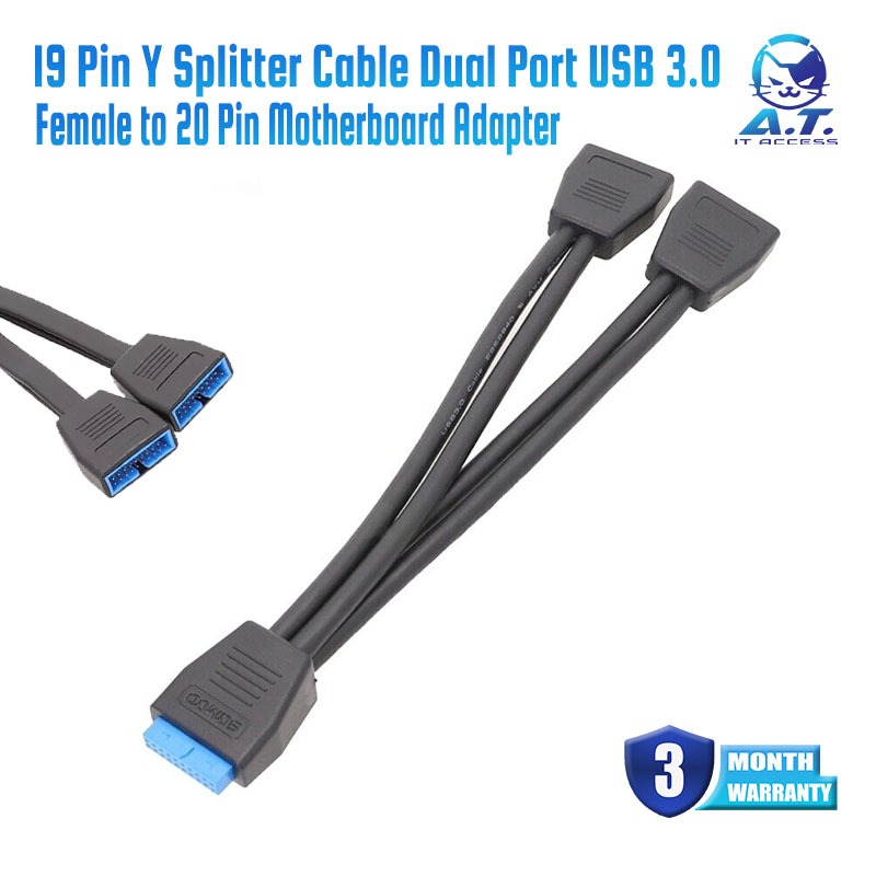 19 Pin Y Splitter Cable Dual Port USB 3.0 A Female to 20 Pin Motherboard Adapter