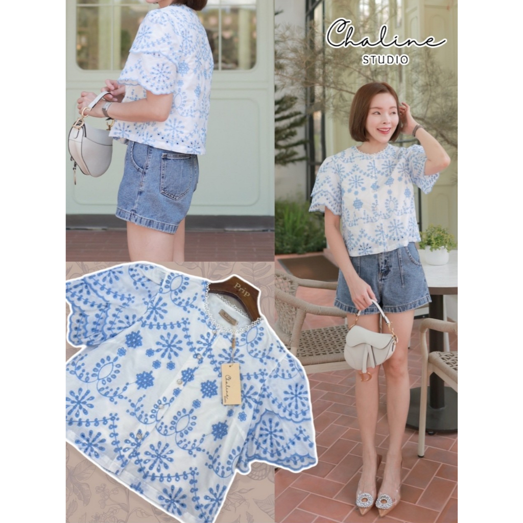 •CHALINE STUDIO• P&C 3999 เสื้อคอตตอนเนื้อผ้าปักลายแน่นสวยงามทั้งตัว คอแต่งลูกไม้เล็กๆน่ารัก แขนระบา