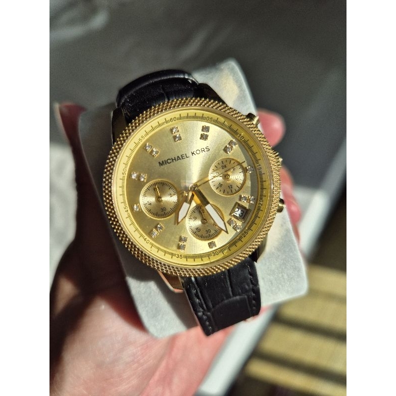 ✨️นาฬิกา MK MICHAEL KORS หน้าปัด Chronograp มือสอง ของแท้ สายหนัง หน้าปัดทอง