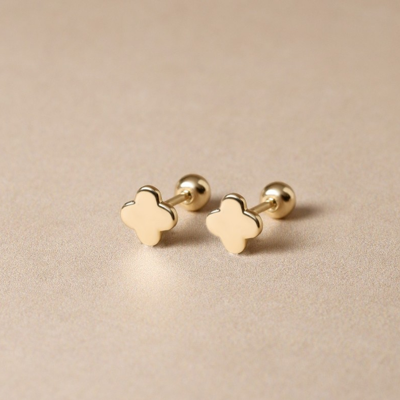 ต่างหูปักก้านทองแท้ 9K รูปดอกไม้ Flower Stud Earrings (แป้นหมุน)