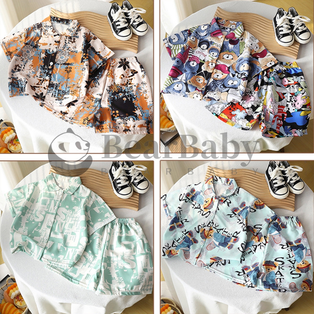 ชุดฮาวายเด็ก เสื้อเชิ้ตแขนสั้น+กางเกงขาสั้น ผ้าเบา ใส่สบาย งานจริงสวย พร้อมส่ง