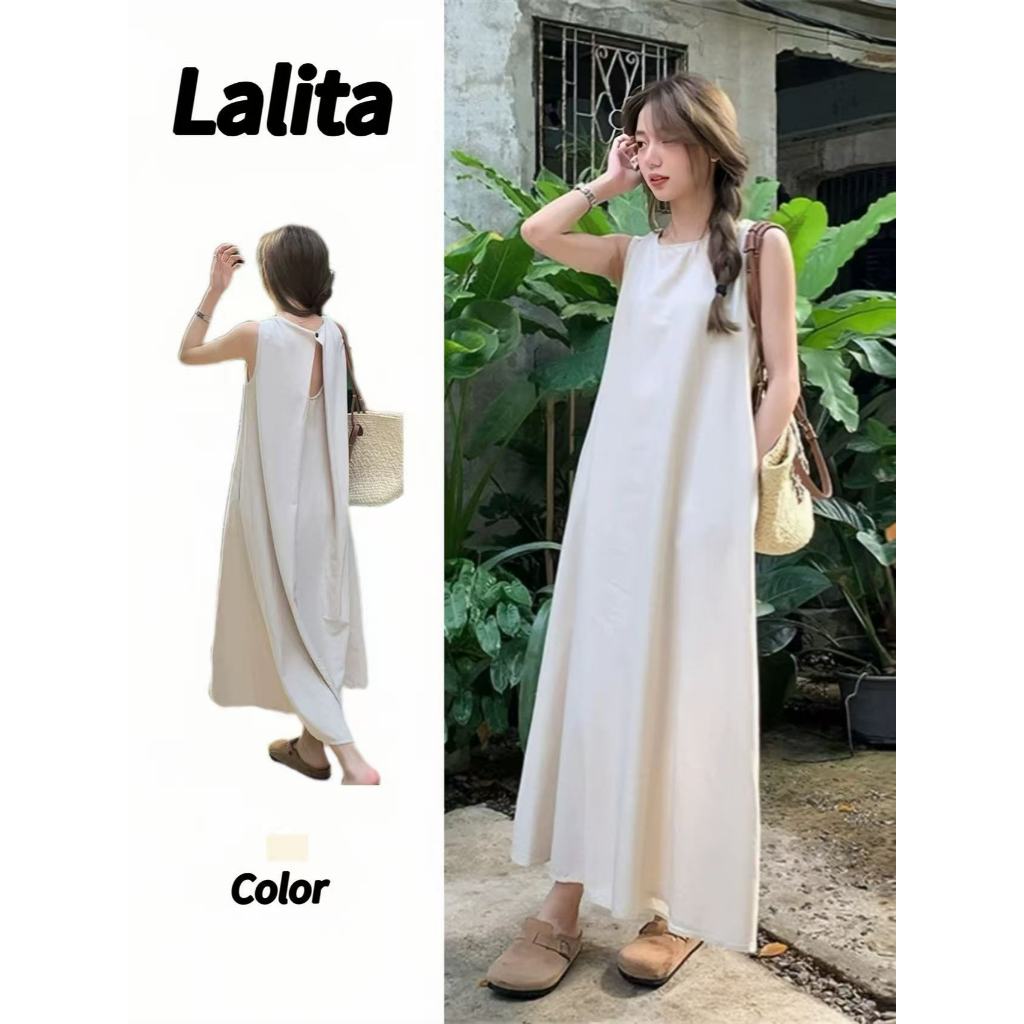 Lalita ชุดเดรสยาว เดรสคอกลม ผ้าใส่สบาย เดรสแขนกุด เดรสไปทะเล เดรสทรงหลวม เดรสผู้หญิง สไตล์ลําลอง