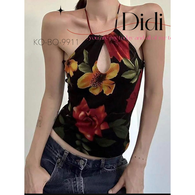 Didi 🌸 เสื้อสีดำ ลายดอกไม้ เชือกผูกคอด้านหลัง 🌸 พร้อมส่งจากไทย 🇹🇭