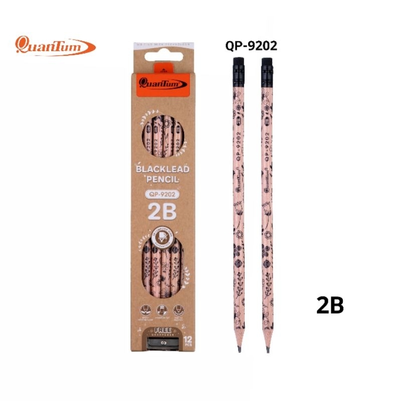 Quantum ดินสอดำ 2B เกรดพรีเมียม QP-9202 ใช้ทำข้อสอบได้ 1 กล่องมี 12 แท่ง ฟรี! กบเหลาดินสอ (ราคาต่อ 1 กล่อง)