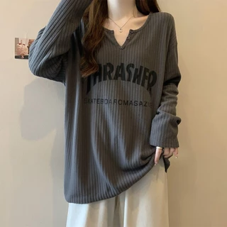 เสื้อยืดโอเวอร์ไซส์ (50-150 กก.) แขนยาว สไตล์เกาหลี คอวี พิมพ์ลายตัวอักษร พลัสไซส์ เสื้อยืด คัตติ้งยาว เสื้อยืดบาง