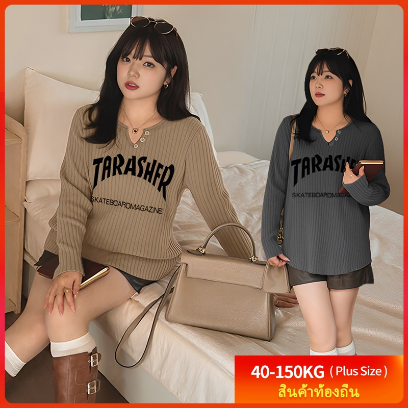 [เสื้อยืดโอเวอร์ไซส์] (50-150 กก.) ผู้หญิง แขนยาว สไตล์เกาหลี พิมพ์ลายตัวอักษร พลัสไซส์ เสื้อยืด คัตติ้งยาว เสื้อยืดบาง