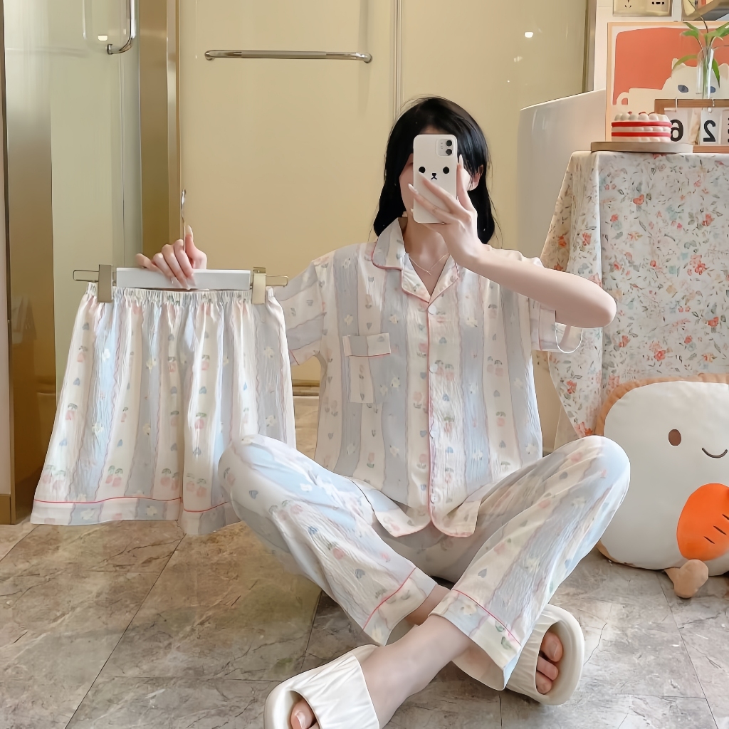 PAJAMAS HOMEWEAR ชุดนอนเซ็ต 3 ชิ้น ขายาว ชุดนอนเกาหลีผู้หญิง ชุดนอนขายาว🌹  W093 - รูปที่ 4