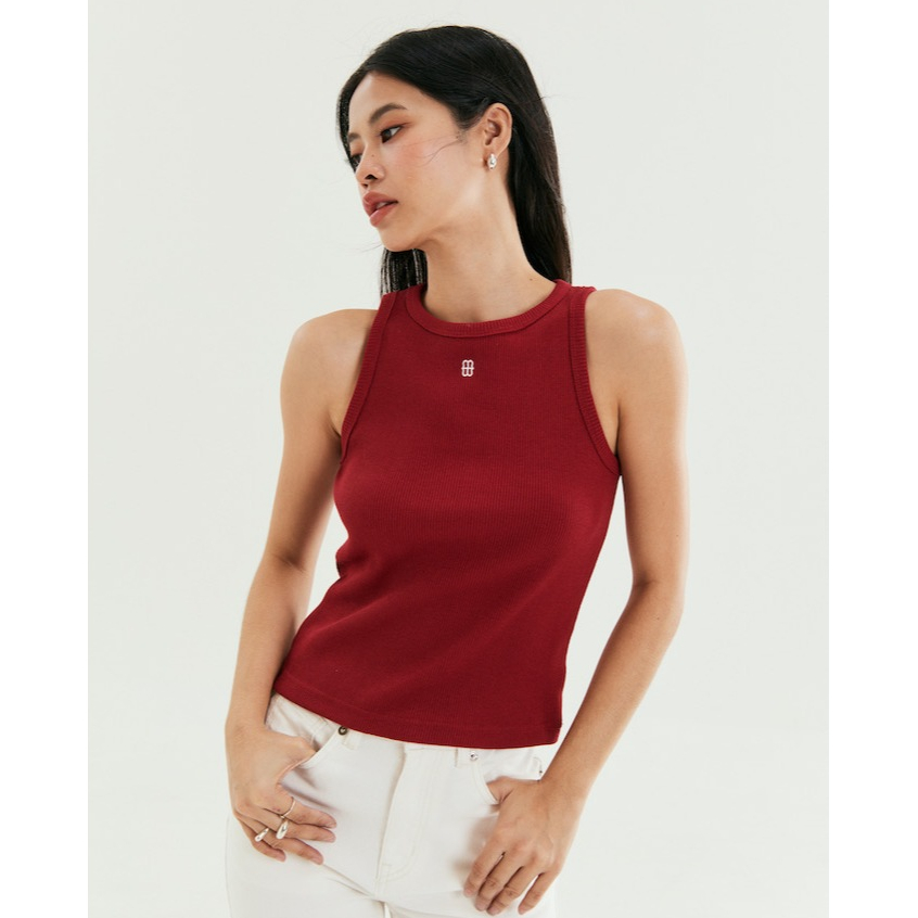 MOTTOM - MOTTOM Logo-Embroidered Ribbed Stretch-Cotton Tank Top in Red Wine